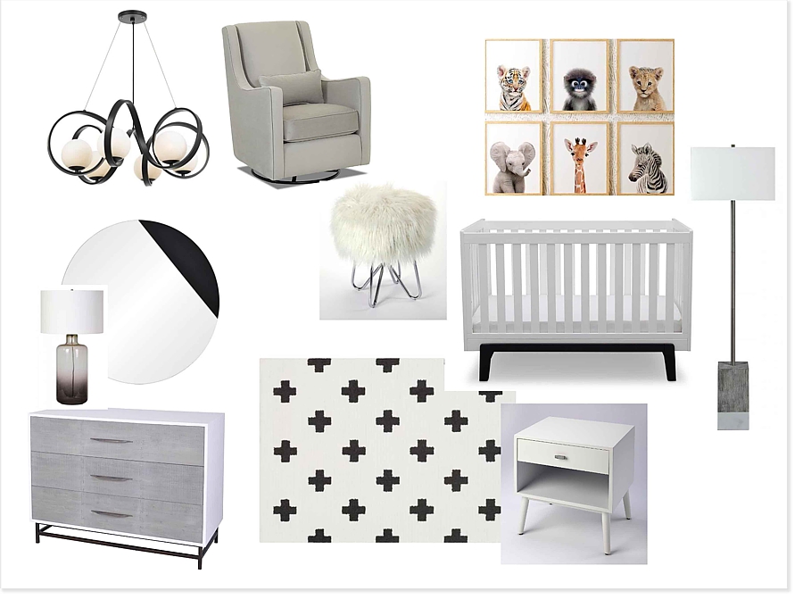 white, gray and black storyboard for gender neutral baby's room